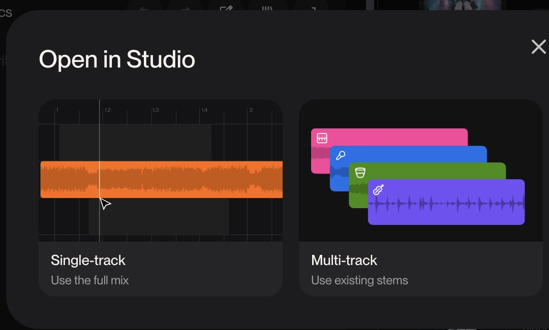 Open in Studioダイアログ。Single-track(Use the full mix)とMulti-track(Use existing stems)の2択