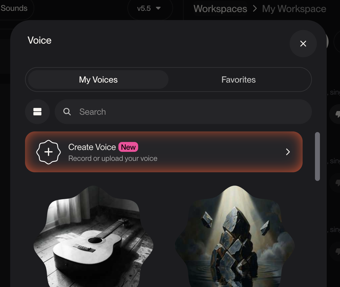 Voiceモーダル。上部に赤く光るCreate Voice(New)ボタン