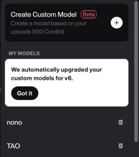 Custom Modelがv6へ自動更新されたことを知らせるSuno画面